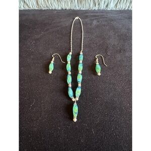 Women's Sterling Silver And Glass Bead Necklace Earrings Set Teal Blue